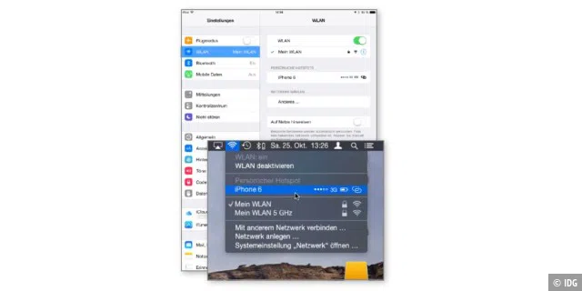 Ist die gleiche Apple-ID eingetragen, erscheint das iPhone automatisch als Hotspot in der WLAN-Auswahl von iPad und Mac.