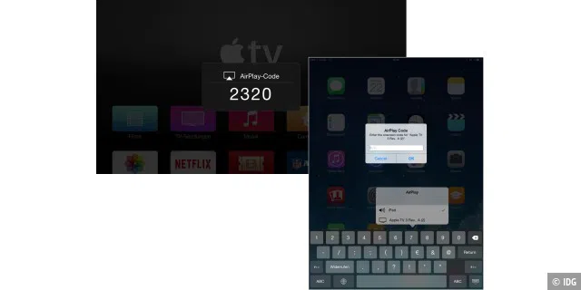 Nach der Auswahl des Apple TV 3 Rev. A wird am TV ein Code eingeblendet, der ist am iOS-Gerät einzugeben. Dann steht die Peer-to-Peer-Verbindung, auch ohne das iOS-Gerät ins WLAN zu lassen.