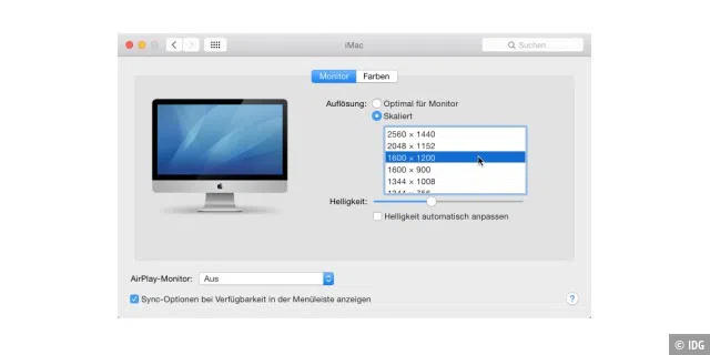 Klickt man in den Monitoreinstellungen mit gedrückter Wahltaste auf „Skaliert“, bietet OS X zusätzliche Auflösungen für den Mac-Bildschirm an.