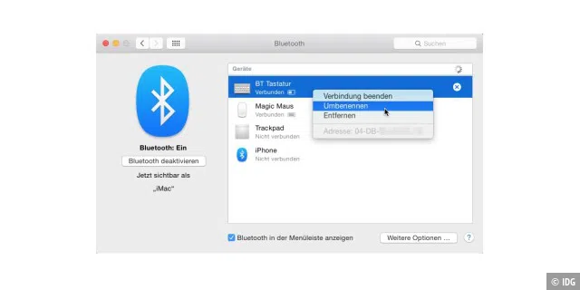 Um den Namen eines Bluetooth-Gerätes zu ändern, markieren Sie es in den Einstellungen und wählen im Kontextmenü „Umbenennen“.