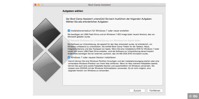 Boot Camp Assistent hilft bei der Partitionierung der Festplatte des Macs, um in der Folge Windows zu installieren. Der Mac startet dann wahlweise als vollwertiger Windows-PC oder unter OS X.