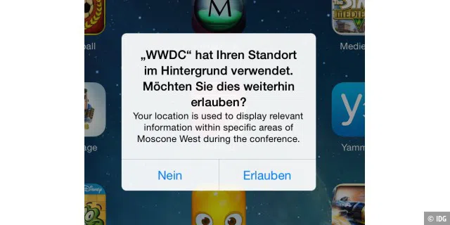 Wenn eine App uns im Hintergrund orten darf, fragt iOS 8 nach, ob wir das wirklich wollen.