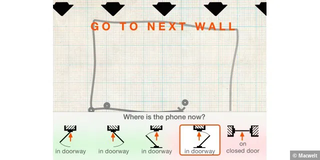 Nacheinander schreitet man mit dem iPhone Wände und Türen ab. Am Ende zeigt der Plan die Maße und alle Bewegungen des Telefons.