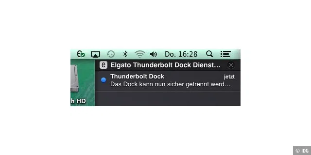 Praktisch: Ein kleines Tool in der Menüleiste meldet mit einem Klick alle externen Volumes ordnungsgemäß vom System ab, bevor man den Mac vom Dock trennt.