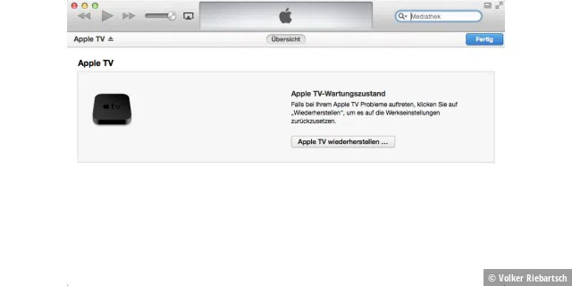 Das Apple TV erscheint in iTunes, mit einem Klick lässt sich das Gerät löschen und mit neuem iOS ausstatten.