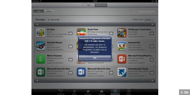 Einige Apps erfordern iOS 7 und können nicht mehr auf das iPad 1 geladen werden