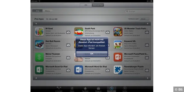 Andere Apps wie zum Beispiel Spiele erfordern einen Kreiselsensor, den das iPad 1 nicht hat.