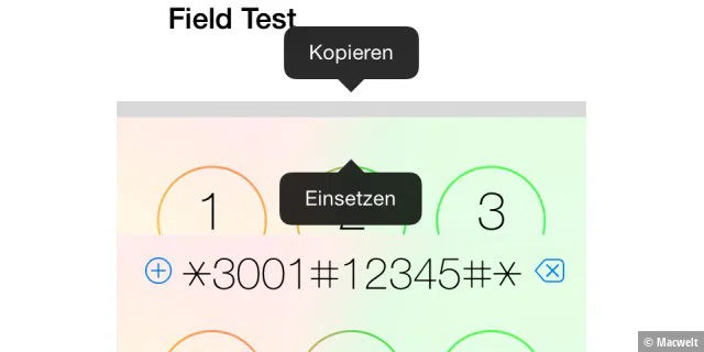 In drei Schritten einfach zum Field Test gelangen: Den Code aus dem Adressbuch kopieren (oben), in der Telefonapp einfügen (Mitte) und dann den grünen Hörer antippen.