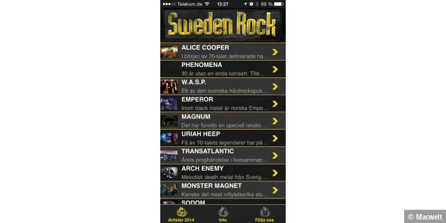 Inzwischen gibt es eine praktische Swedenrock-App für iOS. Damit ist man immer informiert, wann welche Band auf welcher Bühne spielt. Da verpasst man den Lieblings-Act garantiert nicht mehr.