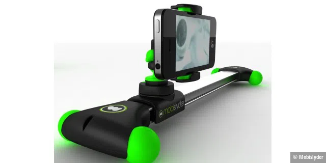 Mit einer kleinen Schiene wie Mobislyder kann man kleinere Kamerafahrten mit dem iPhone simulieren.