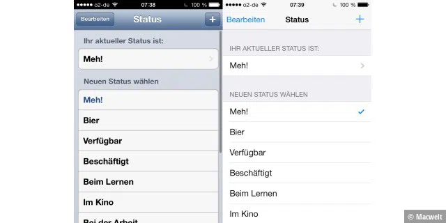 Alt gegen neu. Links die bisherige Whatsapp-Version, rechts das Update in der Optik von iOS 7.