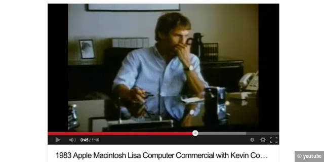 Heute noch auf Youtube zu finden: Der damals noch kaum bekannte Kevin Costner tanzt nicht mit dem Wolf, sondern mit einem Hund in ein sonntäglich verwaistes Büro, in dem eine Lisa auf ihn wartet.