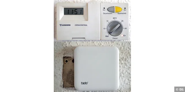 Vorher und nachher: Das Thermostat (oben) muss der Tado-Box weichen (unten).