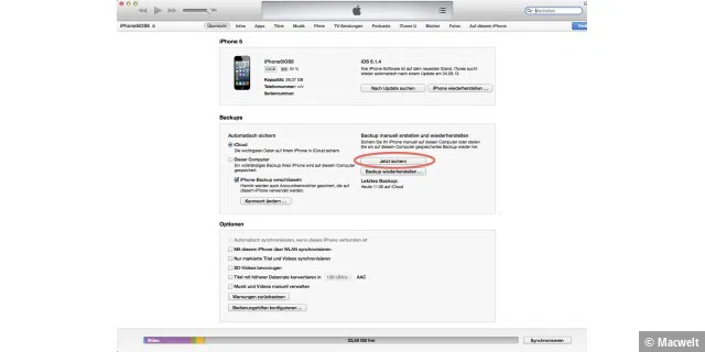 Vor dem Update auf iOS 7 sollte man sicherheitshalber noch einmal manuell ein lokales, verschlüsseltes Backup starten.