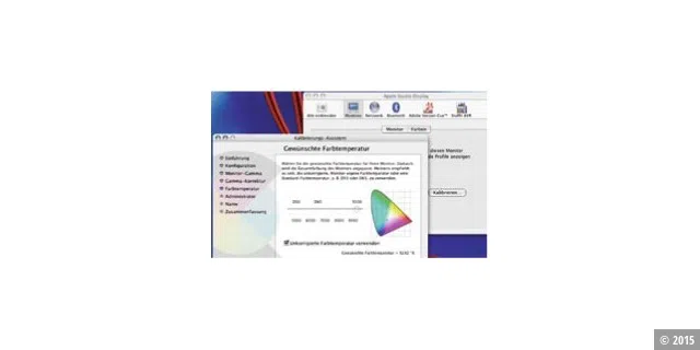 Farbtemperatur: Beide Assistenten, unter Windows XP und Mac- OS X, erlauben das Einstellen derselben Parameter. Dazu zählen Gamma-Werte, die Helligkeit und die Farbtemperatur (Weißbalance).