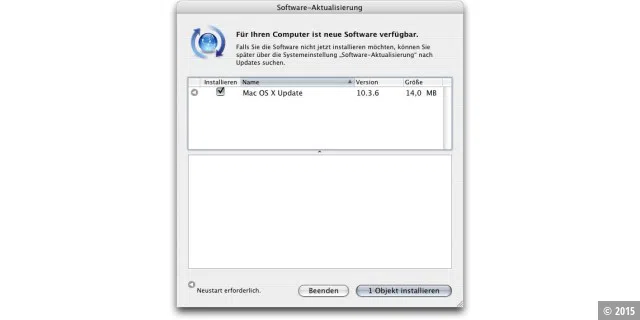 Bei einem unveränderten Mac-OS X, Version 10.3.5, ist das Update auf 10.3.6 nur 14 MB groß.