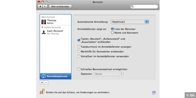 Nicht ohne Passwort: Den Mac sollte man schon beim Start mit einem Passwort schützen. Dazu muss man die automatische Anmeldung deaktivieren.
