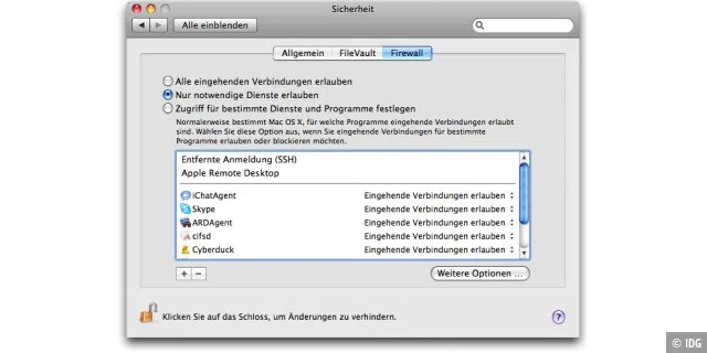 Mac-OS X 10.5 Firewall Systemeinstellungen