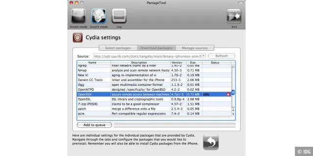 Cydia: Das iPhone-Programm Cydia erlaubt die Installation von Software per Wi-Fi, Pakete kann man aber auch bereits in die iPhone-Firmware integrieren.