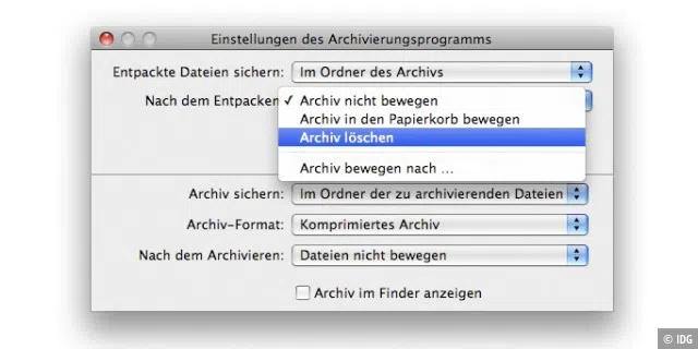 Archive lassen sich in Mac-OS X automatisch löschen, wenn man die entsprechende Einstellung im Archivierungsprogramm aktiviert.