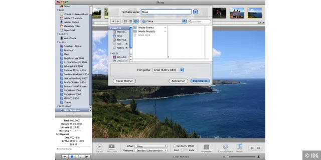 Eine als Film exportierte Diashow aus iPhoto lässt sich auf jeden Rechner mit Quicktime abspielen. iPod-kompatibel wird das Movie durch eine Umwandlung für das entsprechende Ausgabeformat in iTunes.