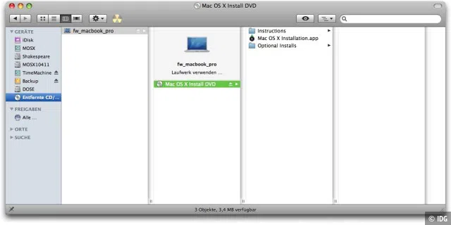 Nach Eingabe der Befehle und Neustart des Mac erscheint das CD-Laufwerk des anderen Mac unter 