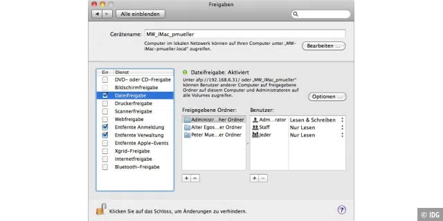 Um über das Netz auf einen anderen Mac zuzugreifen, muss dort die Dateifreigabe in der Systemeinstellung 