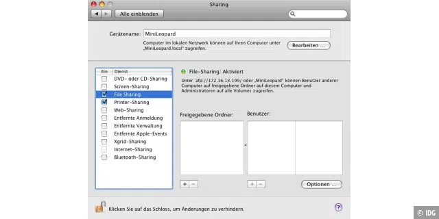 Um über das Netz auf einen anderen Mac zuzugreifen, muss dort File-Sharing in der Systemeinstellung 