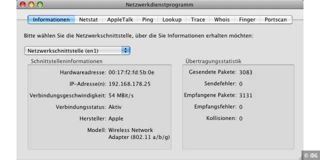 Mit dem Netzwerkdienstprogramm kann man sich Informationen über die Netzschnittstellen des Mac anzeigen lassen.