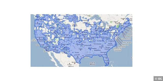 In den USA ist Street View (blau) bereits fast überall verfügbar