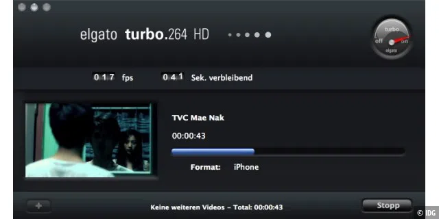 Während des Komprimierungsvorgangs zeigt Turbo.264 den aktuellen Frame, die Restzeit sowie die momentane Geschwindigkeit in Bildern pro Sekunde an.