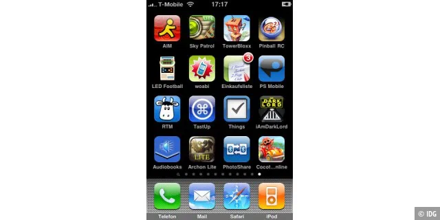 Elf Bildschirmseiten mit jet 16 App-Icons unterstützt iPhone-OS 3.