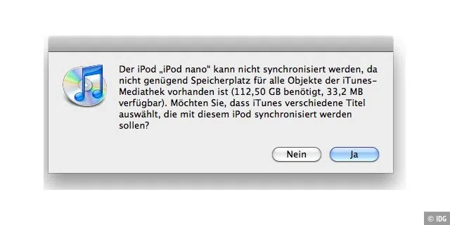 Die automatische Methode ist bequem, denn iTunes kümmert sich um alles. Leider reicht aber oft der Speicherplatz nicht aus, um das Ganze auf den iPod zu kopieren.