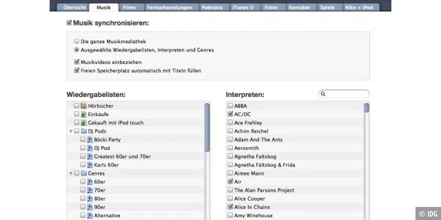 iTunes 9 synct automatisch, nimmt aber dabei nicht die komplette Musiksammlung mit, sondern nur die Titel von bestimmten Wiedergabelisten, Interpreten oder Genres - und füllt den Rest per Zufall.