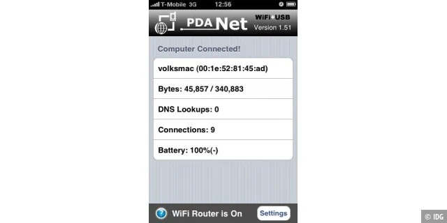 Mit PDA Net wird das iPhone zum Wifi-Router.