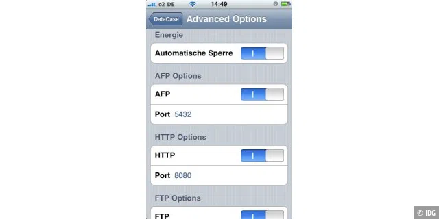 Die Verbindung zum iPhone erfolgt über AFP, Bonjour, FTP und HTTP.