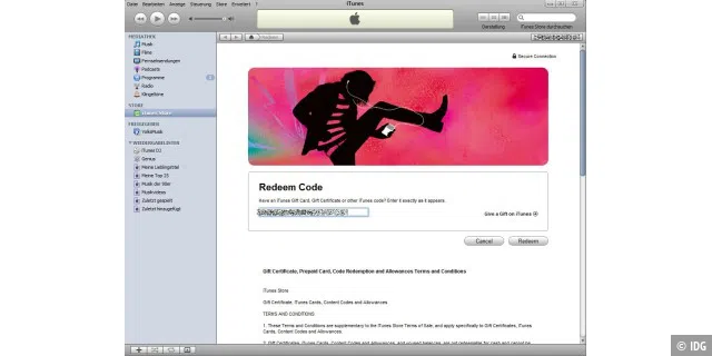 Kopieren Sie den Gutscheincode in das iTunes-Fenster, und klicken Sie auf 