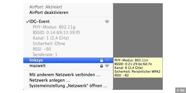 Ab Mac-OS X 10.6 kann man im Menü Airport die Info über den Funkkanal eines Netzes sehen (wenn man die Wahltaste gedrückt hält), schneller erhält man die Info aber mit einem Befehl im Terminal.