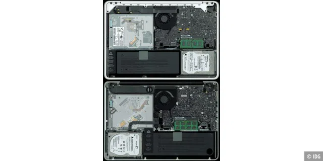 Im direkten Vergleich mit dem 13-Zoll-Macbook-Pro (unten) erkennt man deutliche Unterschiede. Die Lage der Festplatte und des Akkus sind vertauscht. Auch die Hauptplatine zeigt ein anderes Layout.