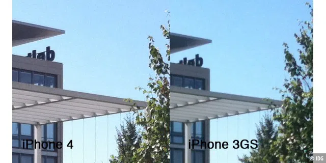 Jeweils ein kleiner Ausschnitt in Originalgröße aus Fotos des iPhone 4 und 3GS.