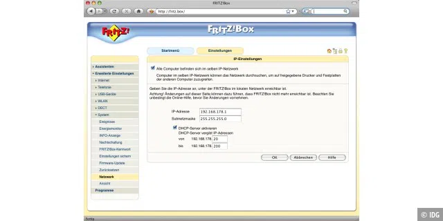Um den DHCP-Server einer Fritz Box einzustellen, wechselt man zuerst in die Expertenansicht.