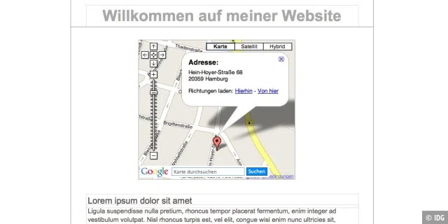 Mit iWeb bindet man schnell und unkompliziert Kartenmaterial von Google auf der eigenen Homepage ein.