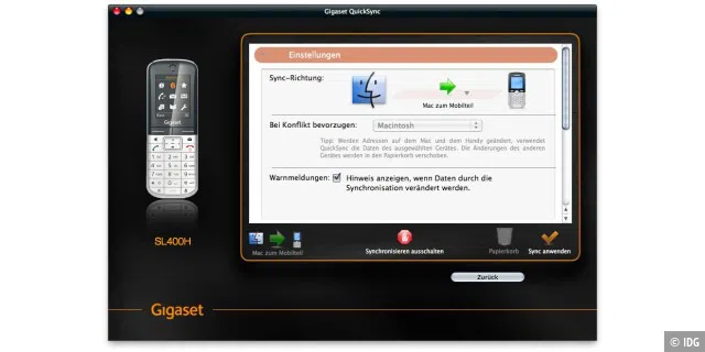 Mit einer speziellen Mac-Software kann man Adressen und Klingeltöne auf das Telefon synchronisieren.