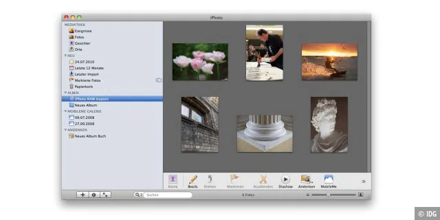 Das zweigeteilte Programmfenster von iPhoto listet die von Apple vorgegebenen Sortierkriterien auf der linken Seite, die Bildansicht einzeln oder im Raster wird auf der rechten Seite dargestellt. Je nach getätigter Bild- oder Objektauswahl werden unterschiedliche Bearbeitungsfunktionen als Symbole in der rechten Fensterhälfte freigeschaltet.