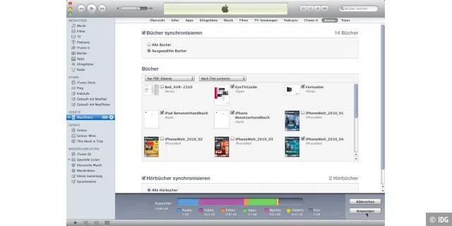PDF-Dateien lassen sich im Buchbereich von iTunes sammeln und dann über die Synchronisierungsfunktion auf das iPhone oder ein anderes iOS-Gerät kopieren. Dabei kann man alle oder nur ausgewählte Dokumente übertragen.