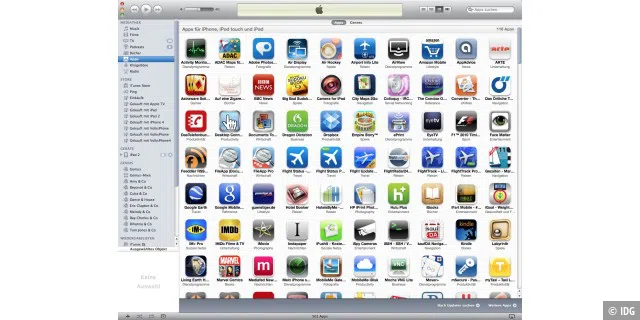 Die Anzeige der in der Mediathek liegenden Apps ist in die drei Bereiche unterteilt. Oben finden sich Apps, die auf allen Geräten optimal laufen, in der Mitte die iPhone- und iPod-Touch-Apps und unten die iPad-only-Programme.