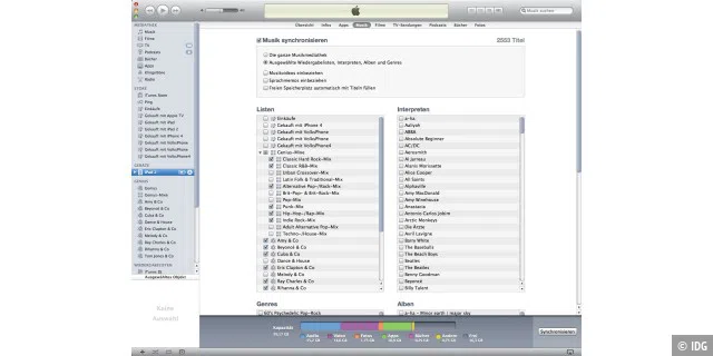 Damit das iPad als Musikplayer eine gute Figur macht, können Sie im nächsten Schritt Musik Ihrer iTunes-Mediathek mit dem Gerät synchronisieren. Hier lässt sich die komplette Sammlung übernehmen oder nur ausgewählte Songs.