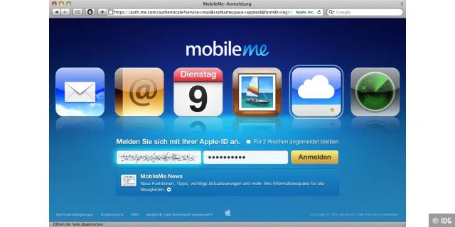 Mobile Me in seiner jetzigen Form bietet Mail, Kalender, Adressbuch, Webspeicher und weitere Funktionen.