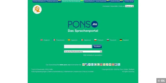 Der grüne Pons im Web: Deutsche Rechtschreibung und Fremdsprachen.