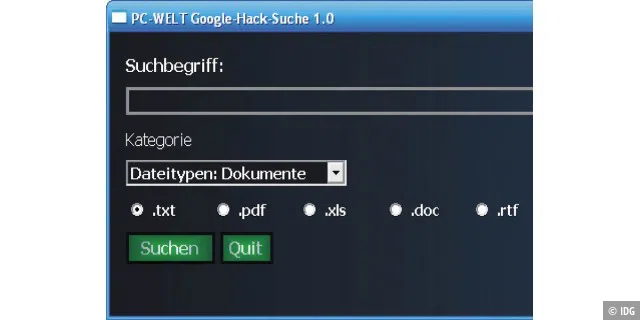 Spezial-Abfragen: Das Tool PC-WELT Google-Hack-Suche erspart Ihnen lästige Tipparbeit